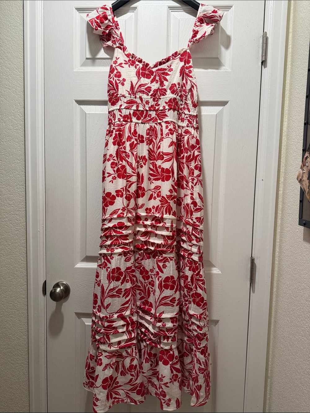 Red Floral Ruffle Maxi Dress with V-Neck and Tie Shoulders